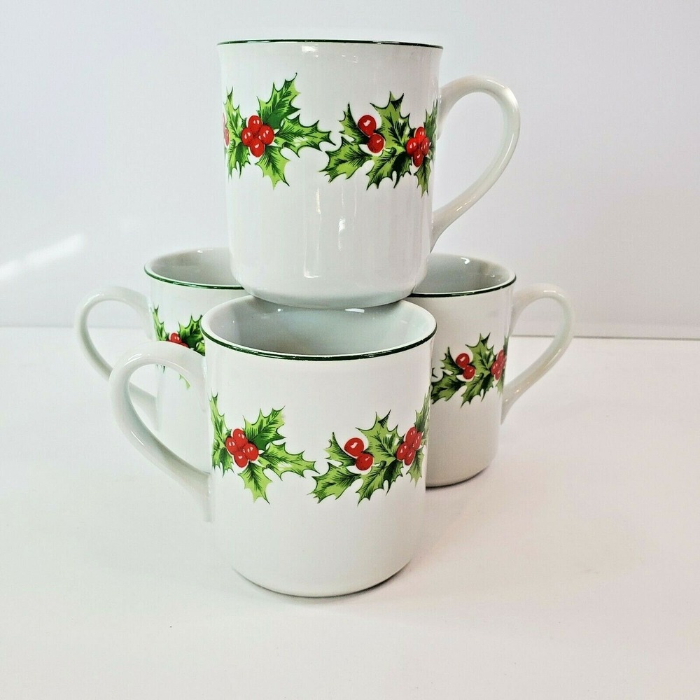 Schmidt Porcelana Brasil Holly Christmas Collectible Coffee Tea Cup Mugs Set 4